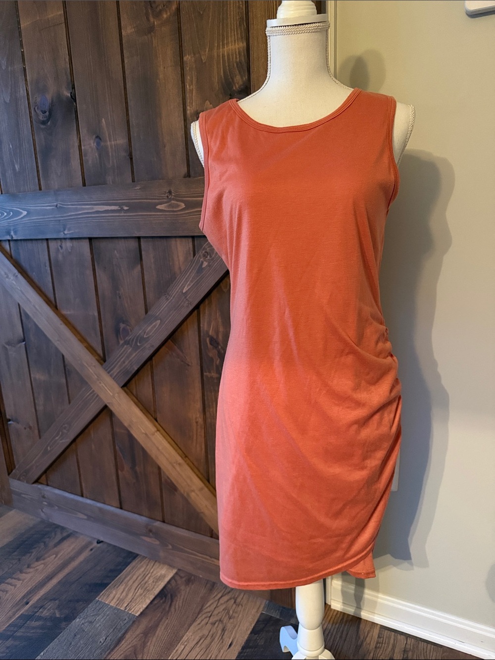Sleeveless Rust Orange Shift Dress with Side Ruching